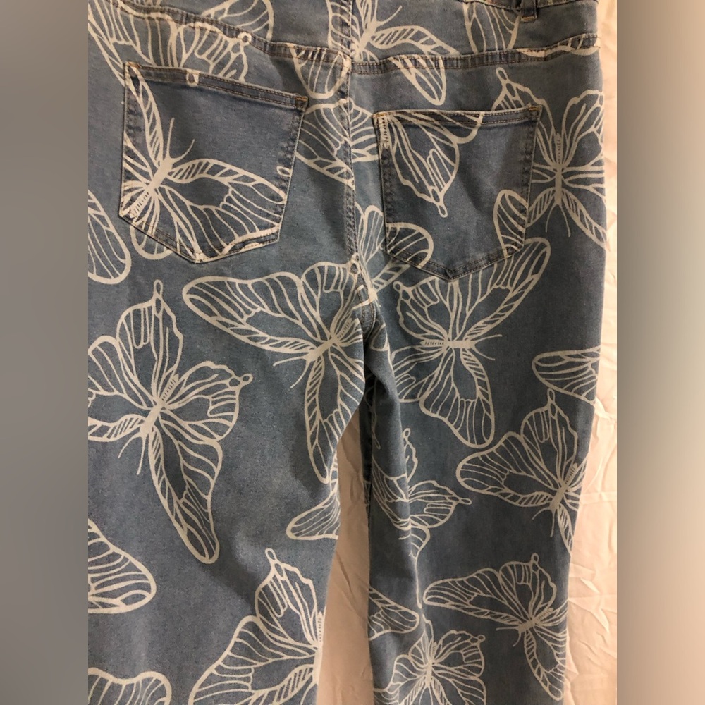 White Butterflies laser print ultra soft stretch straight fit blue jeans size 16 - Picture 6 of 10